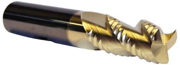 Accupro - 5/8" Diam, Coarse Pitch, 1-1/4" LOC, 3 Flute Solid Carbide 0.06" Corner Radius Roughing End Mill - ZrN Finish, 3-1/2" OAL, 5/8" Shank Diam, Single End, Centercutting, 30° Helix - Americas Industrial Supply