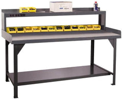 Durham - 72 Wide x 30" Deep x 47" High, Cold-Rolled Steel Workbench with Shelf Riser - Flat Top, Rounded Edge, Fixed Legs With Pre-Drill Holes for Anchoring - Americas Industrial Supply