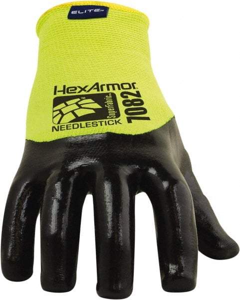 HexArmor - Size L (9), ANSI Cut Lvl A9, Puncture Lvl 4, PVC Coated Cut & Puncture Resistant Gloves - 9" Long, Palm, Fingers & Knuckles Coated, SuperFabric Lining, Knit Wrist, Hi-Vis Yellow/Black, Paired - Americas Industrial Supply