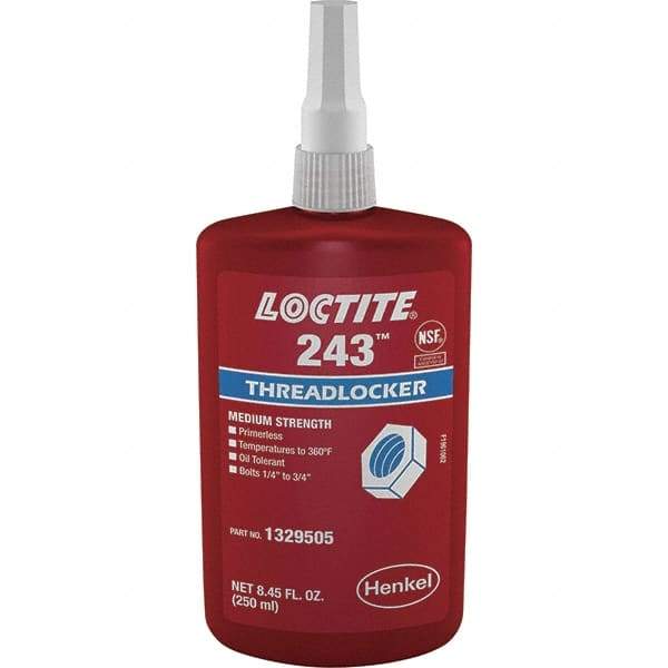 Loctite - 250 mL Bottle, Blue, Medium Strength Liquid Threadlocker - Series 243, 24 hr Full Cure Time, Hand Tool, Heat Removal - Americas Industrial Supply