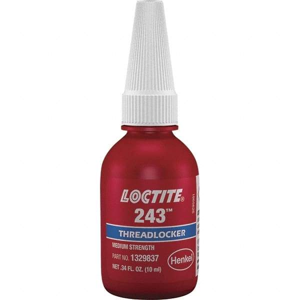 Loctite - 10 mL Bottle, Blue, Medium Strength Liquid Threadlocker - Series 243, 24 hr Full Cure Time, Hand Tool, Heat Removal - Americas Industrial Supply