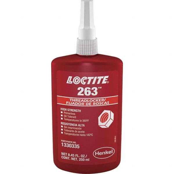 Loctite - 250 mL Bottle, Red, High Strength Liquid Threadlocker - Series 263, 24 hr Full Cure Time, Hand Tool, Heat Removal - Americas Industrial Supply