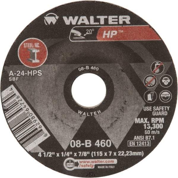 WALTER Surface Technologies - 24 Grit, 4-1/2" Wheel Diam, 1/4" Wheel Thickness, 7/8" Arbor Hole, Type 27 Depressed Center Wheel - Aluminum Oxide, 13,300 Max RPM - Americas Industrial Supply