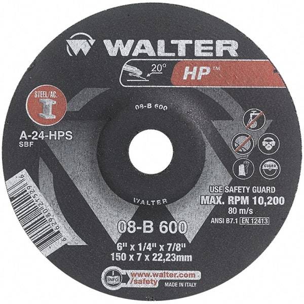 WALTER Surface Technologies - 24 Grit, 6" Wheel Diam, 1/4" Wheel Thickness, 7/8" Arbor Hole, Type 27 Depressed Center Wheel - Aluminum Oxide, Resinoid Bond, 10,200 Max RPM - Americas Industrial Supply