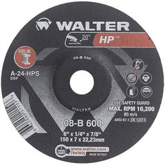 WALTER Surface Technologies - 24 Grit, 6" Wheel Diam, 1/4" Wheel Thickness, 7/8" Arbor Hole, Type 27 Depressed Center Wheel - Aluminum Oxide, Resinoid Bond, 10,200 Max RPM - Americas Industrial Supply