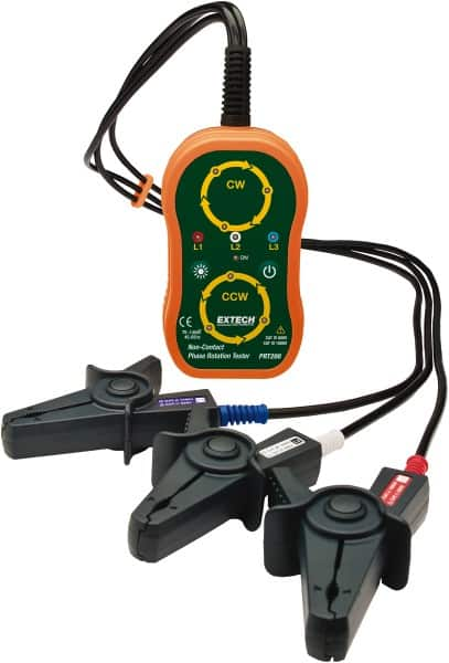 Extech - 3 Phase, 75 to 1,000 VAC, 45 to 65 Hz, 14 to 122°F, LED Display Phase Rotation Tester - AA, Includes (4) AA Batteries, Pouch Case, Test Leads with Large Color-Coded Alligator Clips, CAT III 600 V, CE, EN 61010-1 - Americas Industrial Supply