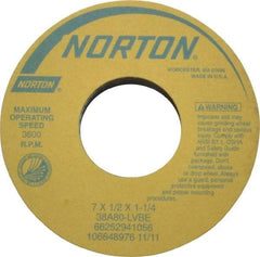 Norton - 7" Diam x 1-1/4" Hole x 1/2" Thick, L Hardness, 80 Grit Surface Grinding Wheel - Aluminum Oxide, Type 1, Medium Grade, 3,600 Max RPM, Vitrified Bond, No Recess - Americas Industrial Supply