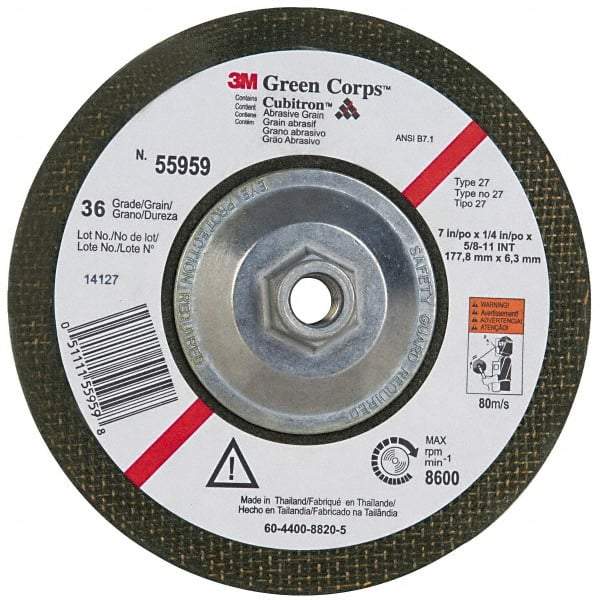 3M - 36 Grit, 7" Wheel Diam, 1/4" Wheel Thickness, Type 27 Depressed Center Wheel - Ceramic, 8,600 Max RPM, Compatible with Angle Grinder - Americas Industrial Supply