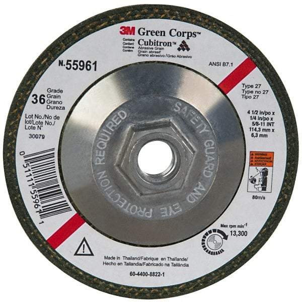 3M - 36 Grit, 4-1/2" Wheel Diam, 1/4" Wheel Thickness, Type 27 Depressed Center Wheel - Ceramic, 13,300 Max RPM, Compatible with Angle Grinder - Americas Industrial Supply