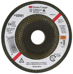 3M - 24 Grit, 4-1/2" Wheel Diam, 1/4" Wheel Thickness, 7/8" Arbor Hole, Type 27 Depressed Center Wheel - Ceramic, 13,300 Max RPM, Compatible with Angle Grinder - Americas Industrial Supply