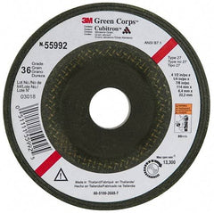 3M - 36 Grit, 4-1/2" Wheel Diam, 1/4" Wheel Thickness, 7/8" Arbor Hole, Type 27 Depressed Center Wheel - Ceramic, 13,300 Max RPM, Compatible with Angle Grinder - Americas Industrial Supply