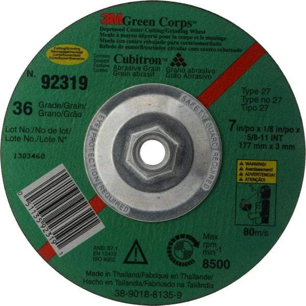 3M - 36 Grit, 7" Wheel Diam, 1/8" Wheel Thickness, Type 27 Depressed Center Wheel - Ceramic, 8,500 Max RPM, Compatible with Angle Grinder - Americas Industrial Supply