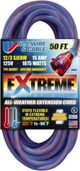 Value Collection - 50', 12/3 Gauge/Conductors, Blue/Pink Indoor & Outdoor Extension Cord - 1 Receptacle, 15 Amps, 125 Volts, UL SJEOW, NEMA 5-15P - Americas Industrial Supply