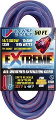 Value Collection - 50', 14/3 Gauge/Conductors, Blue/Pink Indoor & Outdoor Extension Cord - 1 Receptacle, 15 Amps, 125 Volts, UL SJEOW, NEMA 5-15P - Americas Industrial Supply