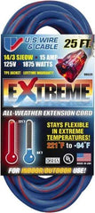 Value Collection - 25', 14/3 Gauge/Conductors, Blue/Pink Indoor & Outdoor Extension Cord - 1 Receptacle, 15 Amps, 125 Volts, UL SJEOW, NEMA 5-15P - Americas Industrial Supply