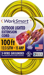 Value Collection - 100', 12/3 Gauge/Conductors, Yellow/Black Outdoor Extension Cord - 1 Receptacle, 15 Amps, UL SJTW, NEMA 5-15P - Americas Industrial Supply