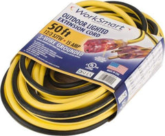 Value Collection - 50', 12/3 Gauge/Conductors, Yellow/Black Outdoor Extension Cord - 1 Receptacle, 15 Amps, UL SJTW, NEMA 5-15P - Americas Industrial Supply