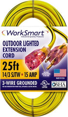 Value Collection - 25', 14/3 Gauge/Conductors, Yellow/Black Outdoor Extension Cord - 1 Receptacle, 15 Amps, UL SJTW, NEMA 5-15P - Americas Industrial Supply