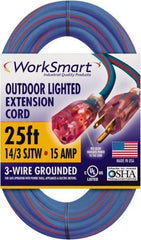 Value Collection - 25', 14/3 Gauge/Conductors, Blue/Red Outdoor Extension Cord - 1 Receptacle, 15 Amps, UL SJTW, NEMA 5-15P - Americas Industrial Supply