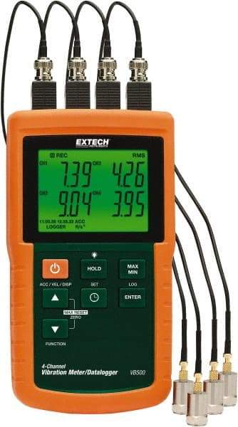 Extech - 10Hz to 1kHz (mm), LCD Vibration Meter Datalogger - 8 AA Batteries, 4 Channels - Americas Industrial Supply