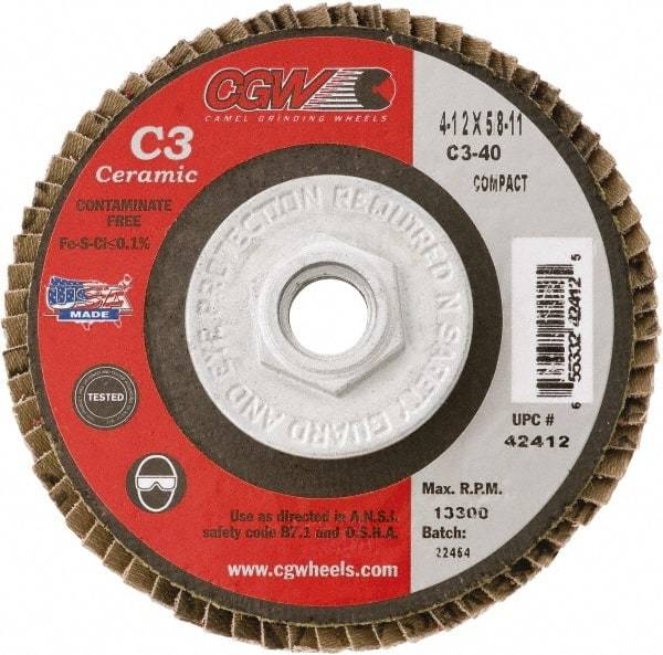 Camel Grinding Wheels - 36 Grit, 7" Disc Diam, 5/8-11 Center Hole, Type 29 Ceramic Flap Disc - 8,600 Max RPM, Polyester Backing, Arbor Attaching System, Coated - Americas Industrial Supply
