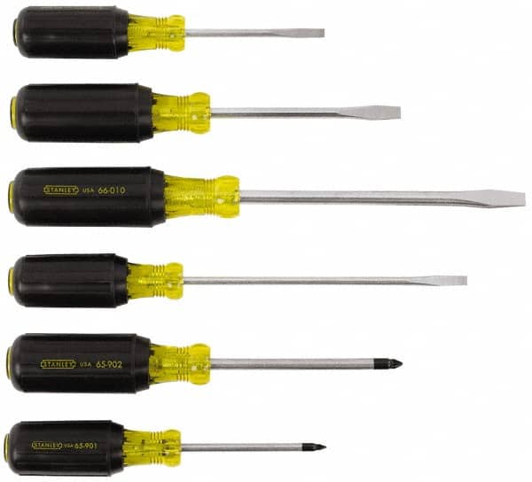 Stanley - 6 Piece Cabinet, Phillips & Slotted Screwdriver Set - Blade Sizes: Length 3, 4 & 6, Width 1/4, 5/16 & 3/16, Bit Sizes: Philips #1 to #2 - Americas Industrial Supply
