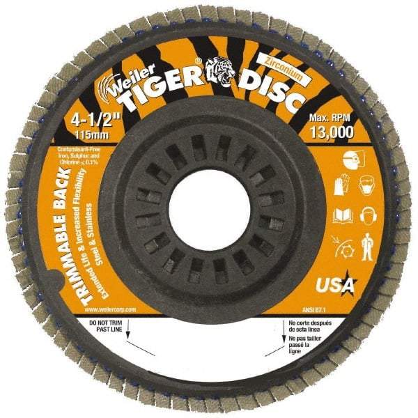Weiler - 60 Grit, 4-1/2" Disc Diam, 7/8" Center Hole, Type 29 Zirconia Alumina Flap Disc - 13,000 Max RPM, Plastic Backing, Arbor Attaching System, Coated - Americas Industrial Supply