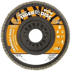 Weiler - 60 Grit, 4-1/2" Disc Diam, 7/8" Center Hole, Type 29 Zirconia Alumina Flap Disc - 13,000 Max RPM, Plastic Backing, Arbor Attaching System, Coated - Americas Industrial Supply
