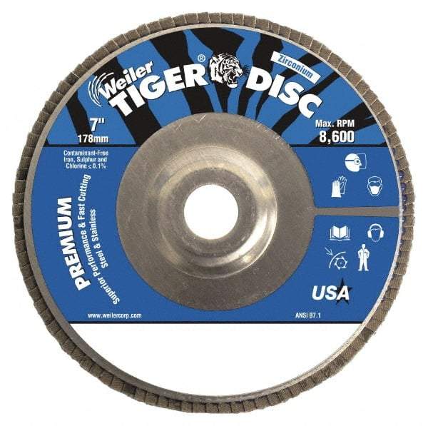 Weiler - 36 Grit, 7" Disc Diam, 7/8" Center Hole, Type 29 Zirconia Alumina Flap Disc - 8,600 Max RPM, Aluminum Backing, Quick Change Type S Attaching System, Coated - Americas Industrial Supply