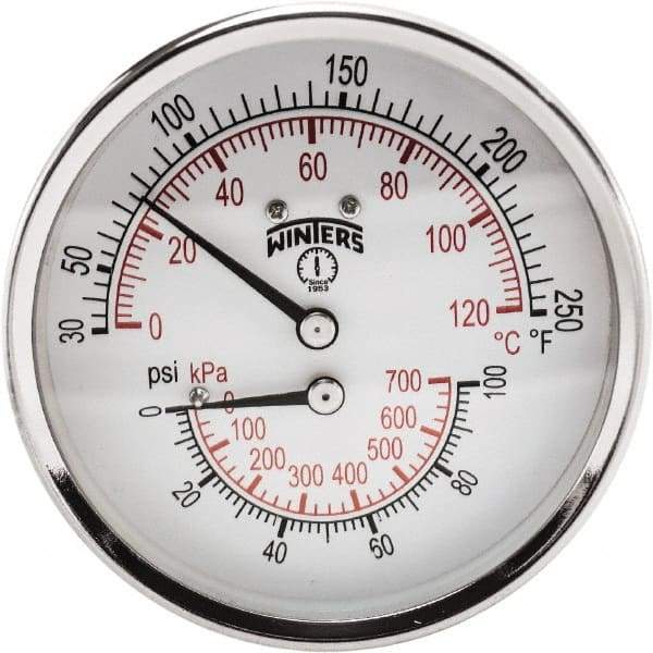 Winters - 3" Dial, 1/2 Thread, 0-100 Scale Range, Pressure Gauge - Center Back Connection Mount, Accurate to 0.03% of Scale - Americas Industrial Supply