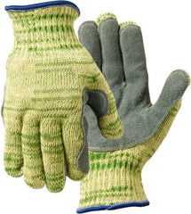 Whizard - Size L (9), ANSI Cut Lvl 5, Split Back/Grain Palm Stainless Steel Cut & Puncture Resistant Gloves - 13" Long, Knit Wrist, Yellow/Green, Paired - Americas Industrial Supply