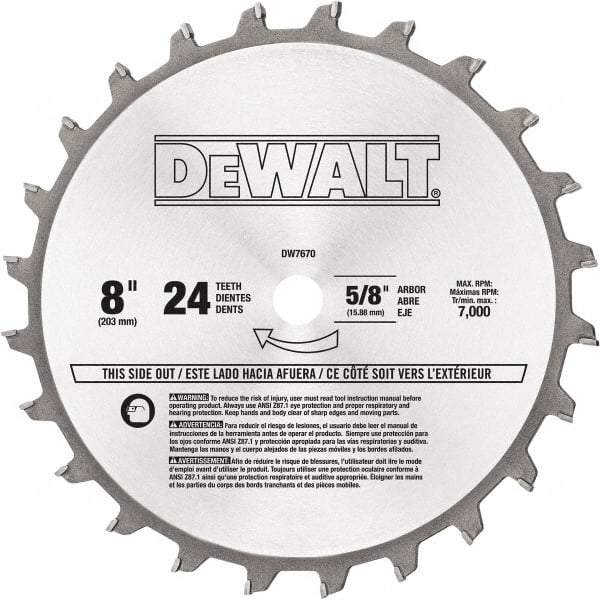 DeWALT - 8" Diam, 5/8" Arbor Hole Diam, 24 Tooth Wet & Dry Cut Saw Blade - Tungsten Carbide-Tipped, Standard Round Arbor - Americas Industrial Supply