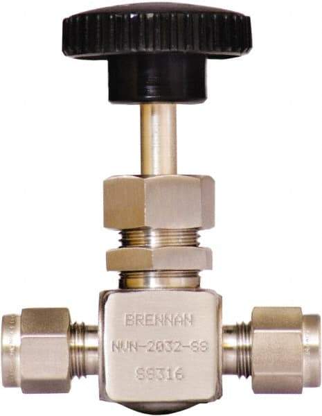 Brennan - 1/4" Pipe, Straight Needle Valve - PTFE Seal, Tube Ends, Stainless Steel Valve, 6,000 Max psi - Americas Industrial Supply