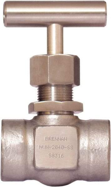 Brennan - 1/2" Pipe, Straight Needle Valve - PTFE Seal, NPT Ends, Stainless Steel Valve, 6,000 Max psi - Americas Industrial Supply