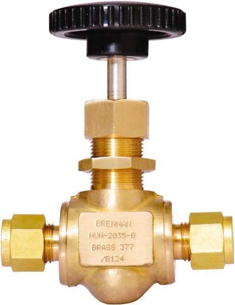 Brennan - 3/8" Pipe, Straight Needle Valve - PTFE Seal, Tube Ends, Brass Valve, 3,000 Max psi - Americas Industrial Supply