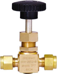 Brennan - 1/4" Pipe, Straight Needle Valve - PTFE Seal, Tube Ends, Brass Valve, 3,000 Max psi - Americas Industrial Supply