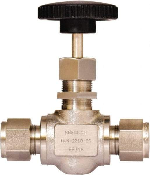 Brennan - 1/2" Pipe, Straight Needle Valve - PTFE Seal, Tube Ends, Stainless Steel Valve, 6,000 Max psi - Americas Industrial Supply