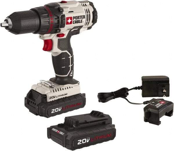 Porter-Cable - 20 Volt 1/2" Chuck Pistol Grip Handle Cordless Drill - 0-350 & 0-1500 RPM, Single-Sleeve Ratcheting Chuck, Reversible, 2 Lithium-Ion Batteries Included - Americas Industrial Supply