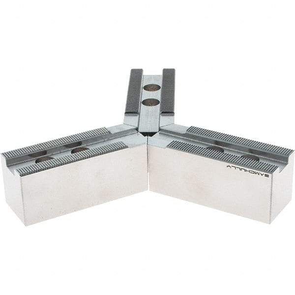 Samchully - 210mm Max Chuck Capacity, 1.5mm x 60° Serrated Interface, Round Soft Lathe Chuck Jaw - 3 Jaw, Steel, 25mm Btw Mount Hole Ctrs, 95mm Long, 35mm Wide, 38mm High, 14mm Groove, M12mm Fastener - Americas Industrial Supply