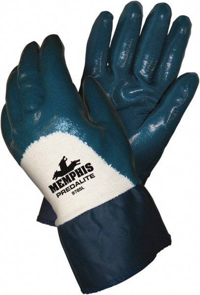 MCR Safety - Size XL (10), 10-1/2" Long, 18 mil Thick, Supported, Nitrile Chemical Resistant Gloves - Textured Finish, Interlock Knit Lined, Safety Cuff, Blue - Americas Industrial Supply