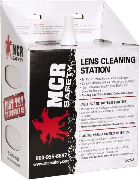 MCR Safety - 9 Inch Wide x 5-1/2 Inch High x 12 Inch Deep, Cardboard Lens Cleaning Station - 1 Pump, 16 Ounce Capacity Pump, 1,200 Towelettes, Disposable Station - Americas Industrial Supply