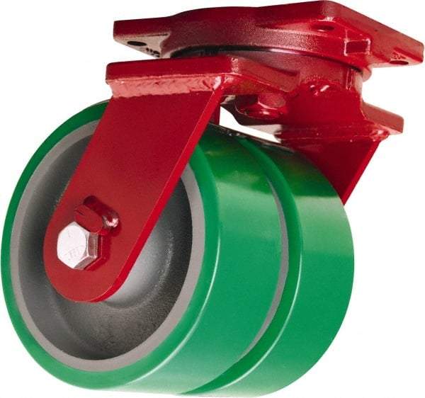 Hamilton - 10" Diam x 3" Wide x 12-1/2" OAH Top Plate Mount Dual Swivel Caster - Polyurethane Mold onto Cast Iron Center, 4,000 Lb Capacity, Sealed Precision Ball Bearing, 6-1/8 x 7-1/2" Plate - Americas Industrial Supply