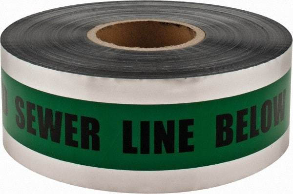 PRO-SAFE - Caution: Buried Sewer Line Below, Detectable Underground Tape - 1,000 Ft. Long x 3 Inch Wide Roll, Polyethylene on Aluminum, 5 mil Thick, Green - Americas Industrial Supply