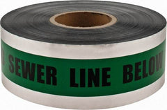 PRO-SAFE - Caution: Buried Sewer Line Below, Detectable Underground Tape - 1,000 Ft. Long x 3 Inch Wide Roll, Polyethylene on Aluminum, 5 mil Thick, Green - Americas Industrial Supply