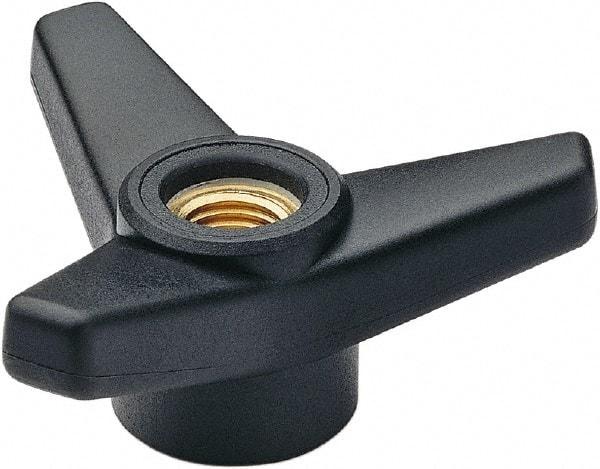 Elesa - 3-1/8" Head Diam, 1.375" High, Glass Fibre Reinforced Technopolymer 3 Arm Knob - 1/2-13 Stem, 1-1/4" Hub Diam, 1.18 Head Height, Thru Female Insert Style, 1-1/4 Hole Depth, Black - Americas Industrial Supply