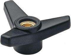 Elesa - 2-1/2" Head Diam, 5/16-18 Hole, 1.375" High, Glass Fibre Reinforced Technopolymer 3 Arm Knob - 1" Hub Diam, 0.98 Head Height, Thru Female Insert Style, 13/16 Hole Depth, Black - Americas Industrial Supply