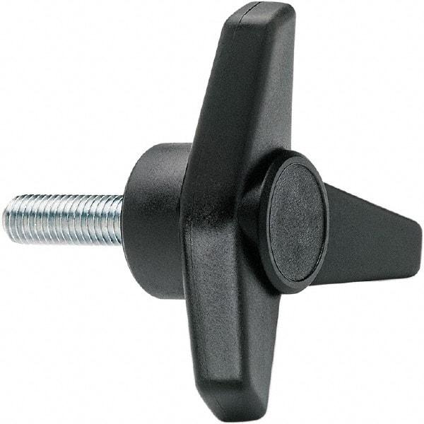 Elesa - 1-3/4" Head Diam, 1" High, 3/4" Long Thread, Glass Fibre Reinforced Technopolymer 3 Arm Knob - 3/8-16 Stem, 3/4" Hub Diam, 0.98 Head Height, Threaded Stem Style, Black - Americas Industrial Supply
