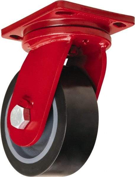 Hamilton - 8" Diam x 3" Wide x 10-1/2" OAH Top Plate Mount Swivel Caster - Polyurethane Mold on Forged Steel, 4,550 Lb Capacity, Tapered Roller Bearing, 6-1/2 x 7-1/2" Plate - Americas Industrial Supply