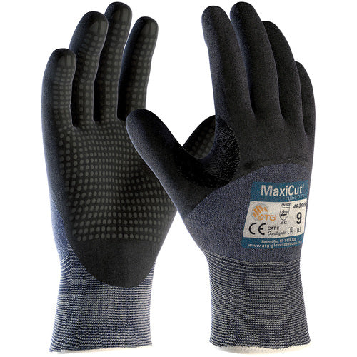 ‎44-3455/M Gloves for Cut Protection - MaxiCut Ultra - Blu. Eng Yrn - Black 3/4 MicroFoam Nirile Dot Coat - EN5 - Exact Industrial Supply