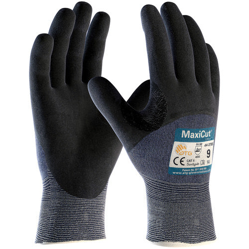‎44-3755/XXL Cut Resistant Gloves - MaxiCut Ultra - Blue 15G Eng Yarn - Black 3/4 Dip MicroFoam Nitrile - A3 - Exact Industrial Supply